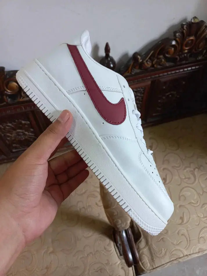 Nike Air Force 1 Low Cut Out Swoosh White Maroon - Sneak Kicks